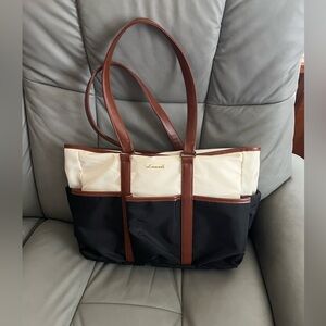 Two-Tone Black and Cream Computer/Work Tote with Brown Trim by LOVEVOOK